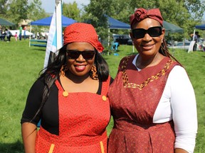 Portia Bunge and Violet Malatsi on Saturday, August 13, 2022 by Rehoboth Alliance by J.J.  Howard represents Botswana at the Afro-Canadian Arts and Culture Festival held at Pew Park.  Vincent McDermott/Fort McMurray Today/Postmedia Network