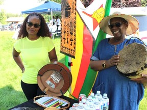 Angie Goredema and Viola Zimunya hold instruments from Zimbabwe at the Afro-Canadian Festival of Arts and Culture, held at J. Howard Pew Park by the Rehoboth Alliance, on Saturday, August 13, 2022. Vincent McDermott/Fort McMurray Today/Postmedia Network