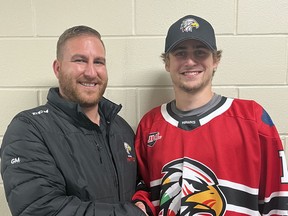 Mitchell Hawks GM Scott Bridge (left) welcomed goaltender Josh Jacklin to the team during their first official skate of the 2022-23 Provincial Junior Hockey League (PJHL) season Aug. 3. Jacklin, the son of Hawks' assistant coach Ken Jacklin, played in Kincardine last season.