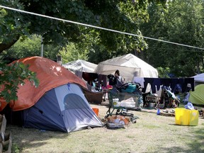 A view of the encampment adjacent to the Integrated Care Hub on Montreal Street in Kingston on Thursday. The evening before, four people were injured when a vehicle backed over some tents.