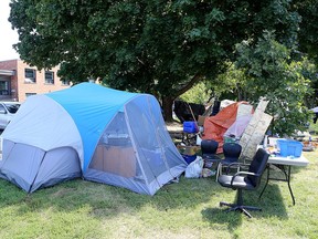 A view of the encampment adjacent to the Integrated Care Hub on Montreal Street in Kingston on Thursday, Aug. 25, 2022. The evening before, four people were injured when a vehicle backed over some tents.