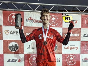 Andrew Colling of the Kingston BMX Club finished first in the 16-year-old boys age group at the Canadian BMX Championships held in Calgary on Saturday and Sunday.