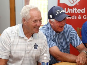Ex-Toronto Maple Leafs Darryl Sittler, left and Rick Vaive share a laugh at Smuggler's Glen Golf Course east of Gananoque, Ontario prior to the Gord Brown Memorial Golf Tournament on Wednesday August 17, 2022. Ian MacAlpine/Kingston Whig-Standard/Postmedia Network