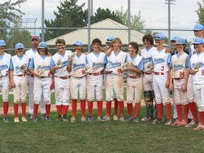 The 14U Kingston Jr. Ponies after winning the Premier Baseball League of Ontario 14U championship in Guelph on Sunday, Aug. 14.