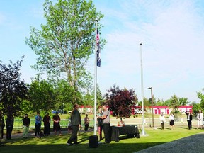 The Treaty Six flag is raised outside the Leduc Civic Centre as part of the Treaty Six Day ceremonies, Aug. 23. (Peter Williams)
