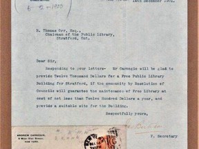 In Stratford, it was Tom Orr who wrote the Carnegie Foundation, in 1901, asking for a grant to build a public library. This week's treasure is a response letter.