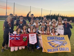 The Chatham Golden Eagles celebrate their gold-medal win at the Eastern Canadian under-15 girls' softball championship in Portugal Cove, N.L., on Sunday, Aug. 28, 2022. (Contributed Photo)