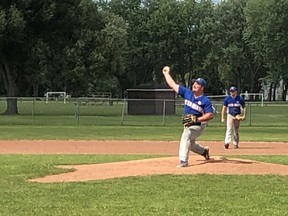 Petawawa pitcher Brady Durocher uncorks a pitch as he leads his team to an 8-6 win over the Pembroke Athletics in the Ottawa Valley Men's Baseball League.