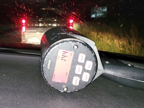 A 25-year-old Bampton driver is facing a stunt charge after the Ontario Provincial Police recorded the vehicle he was driving at 144 km/h in an 80 km/h zone on Highway 41 in Bonnechere Valley Township.  Photo by Ontario Provincial Police