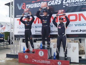 Beachburg's Nathan Blok (right) on the podium at Calabogie with Nelson Chan (left) and Owen Clarke. Submitted photo