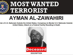 This handout image provided by the FBI on Aug. 1 shows the poster of al-Qaida chief Ayman al-Zawahiri after he was killed in a U.S. counterterrorism operation. President Joe Biden announced Aug. 1 that the United States had killed al-Zawahiri, one of the world's most wanted terrorists and a mastermind of the Sept. 11, 2001, attacks, in a drone strike in Kabul.