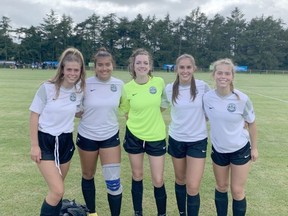 The five players from U16G Petawawa Falcons that made the Ottawa City Soccer Club team that competed at the Super Cup NI Tournament were, from left, Isabelle Schori, Clara Lemoine, Rose McCafferty, Carlyn Brunette, and Madeline Schori.Submitted photo