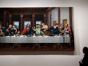 The painting "The Last Supper" by Leonardo da Vinci is pictured during a press visit of the "Leonardo da Vinci" exhibition in 2019  to commemorate the 500-year anniversary of his death at the Louvre Museum in Paris, France. REUTERS/Benoit Tessier