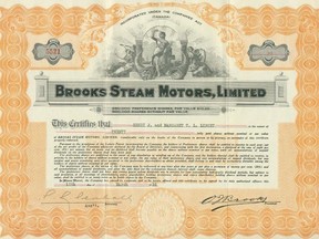 A 1926 stock certificate for Stratford's Brooks Steam Motors. (Stratford-Perth Archives)