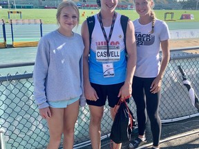 Four Woodstock Legion Athletic Club athletes competed at the Legion National Youth Track and Field Championships this month in Sherbrooke, Que. Pictured, from left: Charlotte Piscione, Noah Caswell, Alex Harmer. Missing: Jack Gilbert.