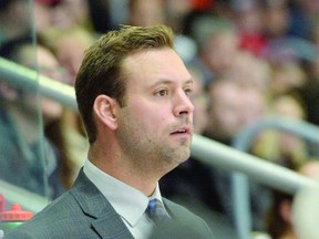 Jordan Smith (shown here) is moving on from his coaching job with the Soo Greyhounds of the Ontario Hockey League. The 36-year old Smith has been hired as an assistant coach by the Springfield Thunderbirds of the American Hockey League. Springfield is the no. 1 farm club of the St. Louis Blues of the National Hockey League.