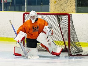 NEW BIRD IN THE NET Newly signed goalie Kolton Bourret displays his form at a recent training camp session of the Soo Thunderbirds of the Northern Ontario Jr. Hockey League. BOB DAVIES