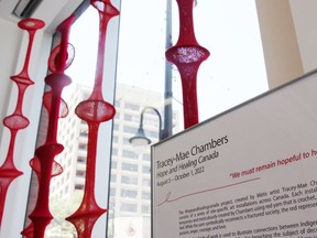 Tubes of yarn as part of Tracey-Mae Chambers' Hope and Healing Canada display at the Judith and Norman Alix Art Gallery will eventually be placed in the treetops of a forest, the artist said. The show at the Sarnia gallery continues until Oct. 1. (Tyler Kula/ The Observer)