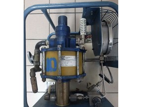 Sarnia police say they're looking for the owner of property recovered Tuesday evening to reach out to them.  A label in the photo identifies it as an air-driven liquid pump manufactured by SC Hydraulic Engineering Corp.  (Sarnia Police)