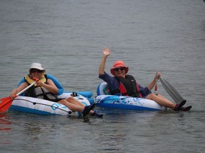Audrey Hunter and Karen Godin head out Sunday at the start of the St. Clair River Float Down.  It was the Sarnia friends' fourth time taking part in the event.