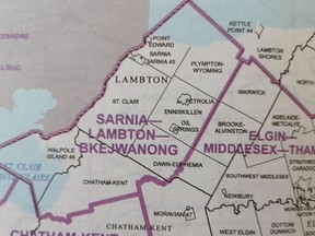 This map provided by the Federal Electoral Boundaries Commission for Ontario shows the proposed changes to the electoral districts in the Sarnia area.