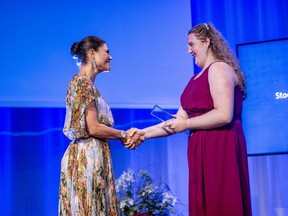 Annabelle Rayson, right, from Sarnia, receives the 2022 Stockholm Junior Water Prize from HRH Princess Victoria of Sweden during World Water Week.