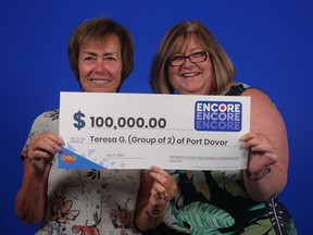 Teresa Garden of Port Dover and Donna Smith of Paris, Ontario won $100,000 in the July 1 Lotto Max Encore draw. OLG photo
