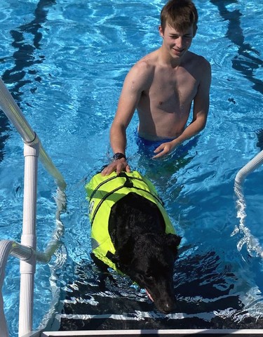 Josh Pring of Hagersville gives Owen, the Labrador retriever, a little help at the Delhi Kinsmen Pool on Sunday during the Splish Splash Doggie Bash. The event marks the end of the 2022 season at the community pool. SIMCOE REFORMER PHOTO