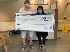 David Fontaine (left) is the winner of St. Joseph's 50/50 Early Bird Draw for $500. The money raised from the event will go towards 36 new rehabilitation beds at St. Joe's The next draw will be Aug. 31, with tickets available for purchase at stjoessudbury.ca. The Sudbury Star welcomes your community photos. Please send them, with a caption, to dmacdonald@postmedia.com. Supplied