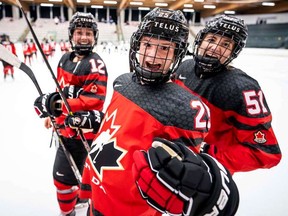 Abby Stonehouse (25) of Blenheim, Ont., celebrates Canada's win over the United States in an under-18 women's hockey game in Calgary on Aug. 17, 2022. (Erica Perreaux Photo/Courtesy of Hockey Canada)