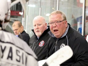 Dave Clancy speaks to his players during NOJHL action against the Timmins Rock in Timmins, Ontario on Saturday, September 28, 2019. NOJHL photo