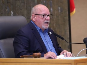 Greater Sudbury Mayor Brian Bigger makes a point at a council meeting at Tom Davies Square on Aug. 9. He announced Tuesday he is withdrawing from the mayoral race. The election takes place Oct. 24. Voting opens on Oct. 14.