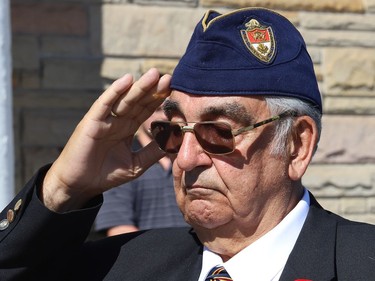 Colin Pick, president of the Sudbury branch of the War Pensioners of Canada, salutes during a memorial service honouring Canadian soldiers who served in the Afghanistan conflict at the Cooperative Funeral Home in Sudbury, Ont. on Tuesday August 9, 2022. John Lappa/Sudbury Star/Postmedia Network