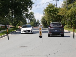 Traffic-calming bollards, seen here on Aug. 15, were installed on Robinson Drive recently.