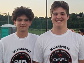 Lucas Mullaly and Will Elliott believe their time with the Sudbury Junior Spartans this summer has prepared them for the start of the high school football season in Sudbury. Supplied