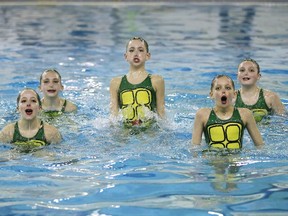 Members of the Sudbury Synchro Club 11-12 team compete in the team routine event at the Jeno Tihanyi Olympic Gold Pool in Sudbury, Ont. on Sunday March 11, 2018. The pool has been closed for two years and it's uncertain whether it will ever open. Gino Donato