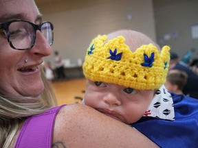 Kailer Haupert, two months, with mom Caitlin Parker, dressed up with crown and cape for the Tillsonburg Tri-County Fair baby show on Aug. 20. CHRIS ABBOTT