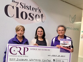 Support for Sudbury Women’s CentreYolande Chevrette and Darlene Sargent, members of the Sudbury Royal Purple Lodge 148, present a cheque for $1,000 to Giulia Carpenter, executive director of the Sudbury Women’s Centre. The lodge has been donating to local groups for many years. The Sudbury Star welcomes your community photos. Please send them, with a caption, to dmacdonald@postmedia.com. Supplied