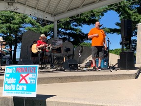 North Bay and District Labour president Henri Giroux speaks to the large crowd gathered at the North Bay Waterfront Monday for the annual Labour Day picnic. The local labour council is holding a "cafe-style" debate Sept 19 at the OPSEU hall, located at 150 First Avenue West.