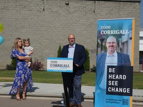 Todd Corrigall announced his mayoral candidacy intention with his wife and daughter at Wood Innovation Square on Aug 17.