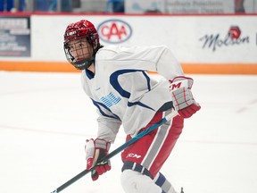 Braydon Bruce takes part in a  scrimmage during the Sudbury Wolves' training camp at Sudbury Community Arena last week.