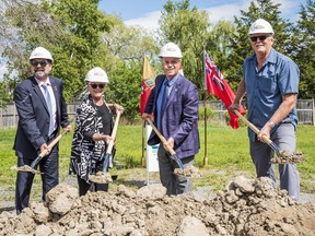 From left, Habitat for Humanity Prince Edward Hastings (PEH) Executive director Hazzem Koudsi, Habitat PEH Board Chair Kathryn Brown, Belleville Mayor Mitch Panciuk and Andy Geertsma from Geerstma Homes Ltd. were all on hand to help break ground on a new duplex in Belleville on Tuesday. ALEX FILIPE