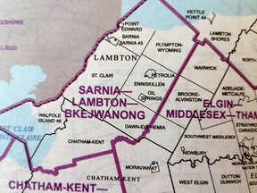 This map provided by the Federal Electoral Boundaries Commission for Ontario shows proposed changes that would place Wallaceburg and Dresden into the same riding as Sarnia.  Handout