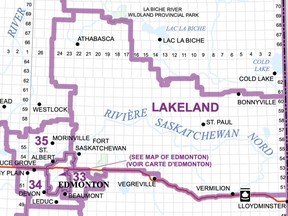 To balance population growth over the past decade, the Federal Electoral Boundaries Commission for Alberta is proposing to split the federal riding of Sherwood Park-Fort Saskatchewan into Sherwood Park-Beaumont and Lakeland. This week, Strathcona County passed a motion to send a letter to the Commission advocating against such changes. Graphic courtesy Federal Electoral Boundaries Commission for Alberta