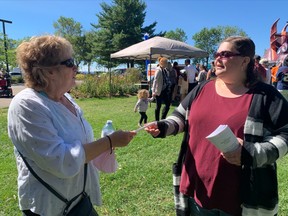 North Bay Mayor candidate Leslie McVeety speaks to local residents Monday at the North Bay Labour Council picnic at the North Bay Waterfront. McVeety says she wants to make North Bay safe again.