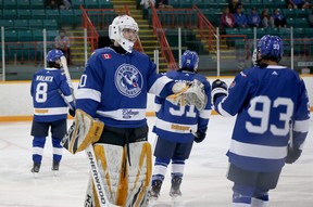 Greater Sudbury Cubs goalie Nathaniel Boyes (30) congratulates his teammates following Cameron Walker's goal against the Powassan Voodoos during the Cubs' NOJHL season opener at Gerry McCrory Countryside Sports Complex in Sudbury, Ont. , on Thursday, September 8, 2022.