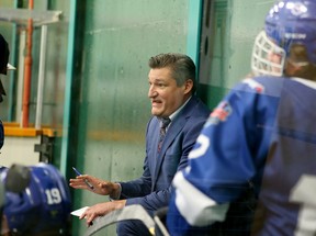 Greater Sudbury Cubs head coach Darryl Moxam speaks to his players during the Cubs' NOJHL season opener against the Powassan Voodoos at the Gerry McCrory Countryside Sports Complex in Sudbury, Ont., on Thursday, September 8, 2022 .