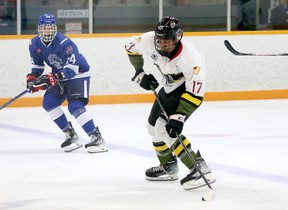 Powassan Voodoos defenseman Tyson Rismond (17) grabs the zone for the Greater Sudbury Cubs during the Cubs' NOJHL season opener at the Gerry McCrory Countryside Sports Complex in Sudbury, Ont., on Thursday, September 8 of 2022.