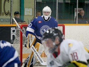 Greater Sudbury Cubs goaltender Nathaniel Boyes (30) watches the play during the Cubs' NOJHL season opener against the Powassan Voodoos at the Gerry McCrory Countryside Sports Complex in Sudbury, Ont., Thursday, September 8, 2022 .