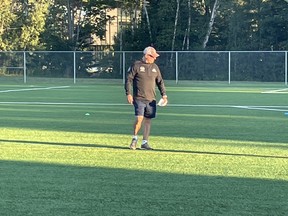 Nipissing Lakers men's soccer coach Tony D'Agostino watches the action at a team practice earlier this week.